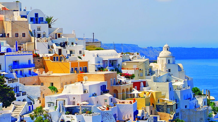 assorted-color concrete houses, Greece, landscape, building exterior