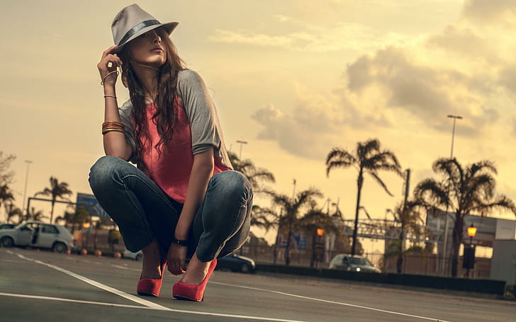 Girl with hat, women's red and gray long 3/4s, girls, 2560x1600, HD wallpaper