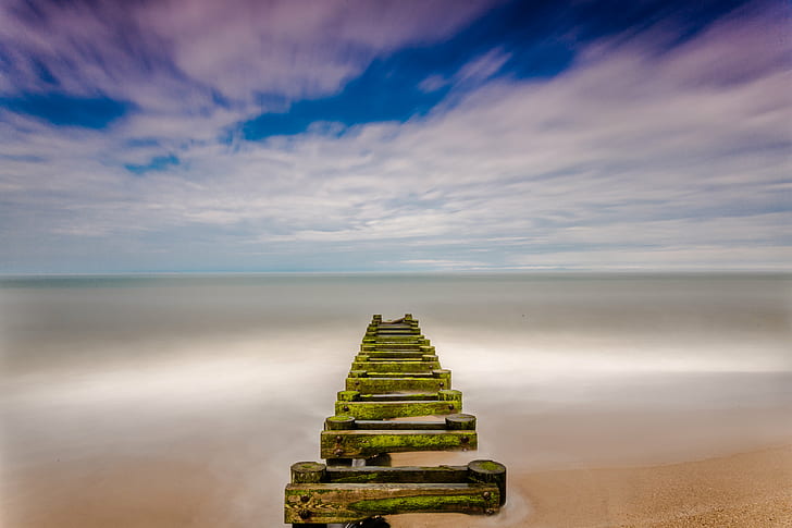 mossed dock white body of water while clouds on speed motion photography, HD wallpaper