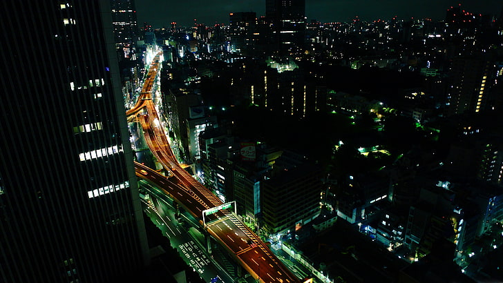 grey high rise building, highway, Tokyo, cityscape, night, skyscraper