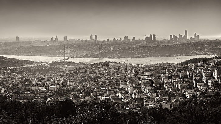 city skyline, Istanbul, Turkey, monochrome, cityscape, bridge, HD wallpaper