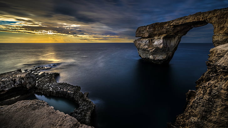 brown and black stone formation on water, Azure Window, Gozo, HD wallpaper