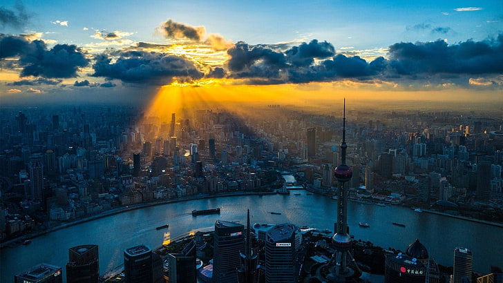 high rise buildings, Shanghai, city, clouds, river, sun rays, HD wallpaper