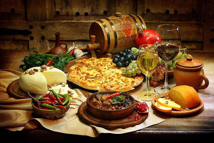 Food, Still Life, Barrel, Bread, Cheese, Pepper, Pizza, Wine