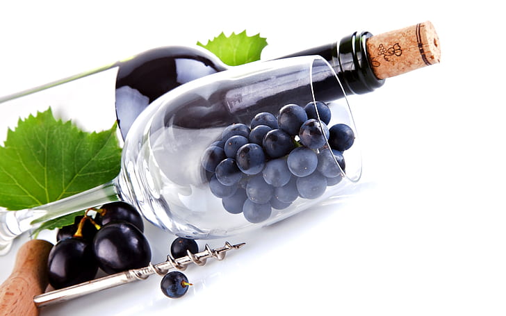 Wine Bottle, grapes, glass, drink, static, background, HD wallpaper