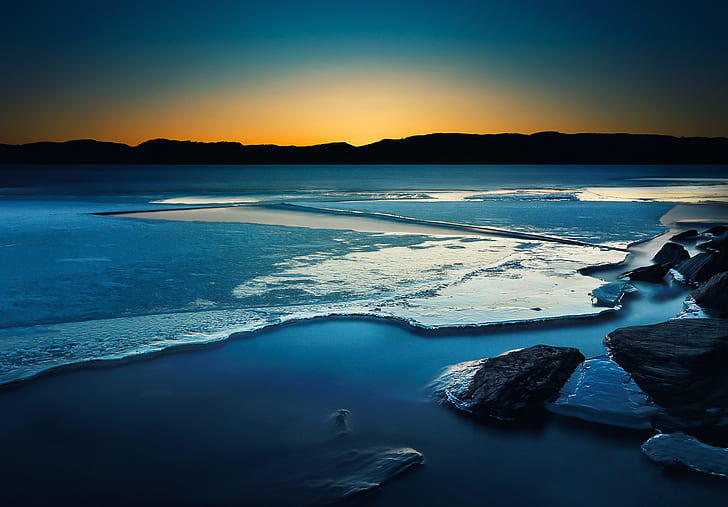 landscape, frozen lake, sunset