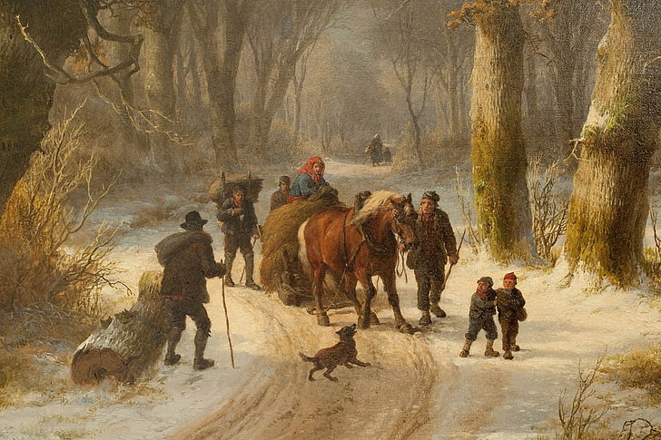 group of people walking on road with horse, painting, classic art