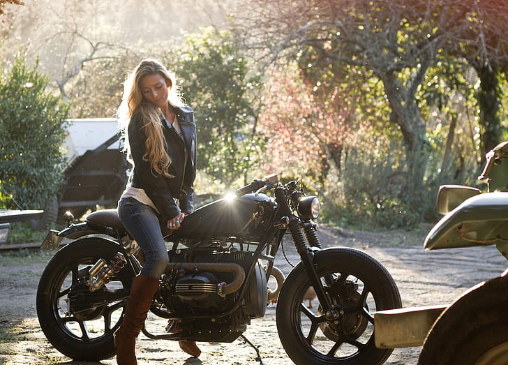model, blonde, women with bikes, leather jackets, sitting, women outdoors