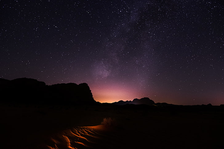 mountain and stars, starry sky, desert, night, wadi rum, jordan, HD wallpaper