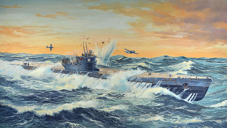 submarine, vehicle, artwork, military, water, sea, sky, nautical vessel