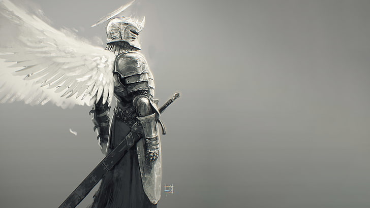 Angel Wings, Fantasy Armor, fantasy Art, knight, sword, HD wallpaper