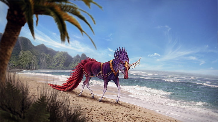 purple and red horse standing near body of water, creature, artwork