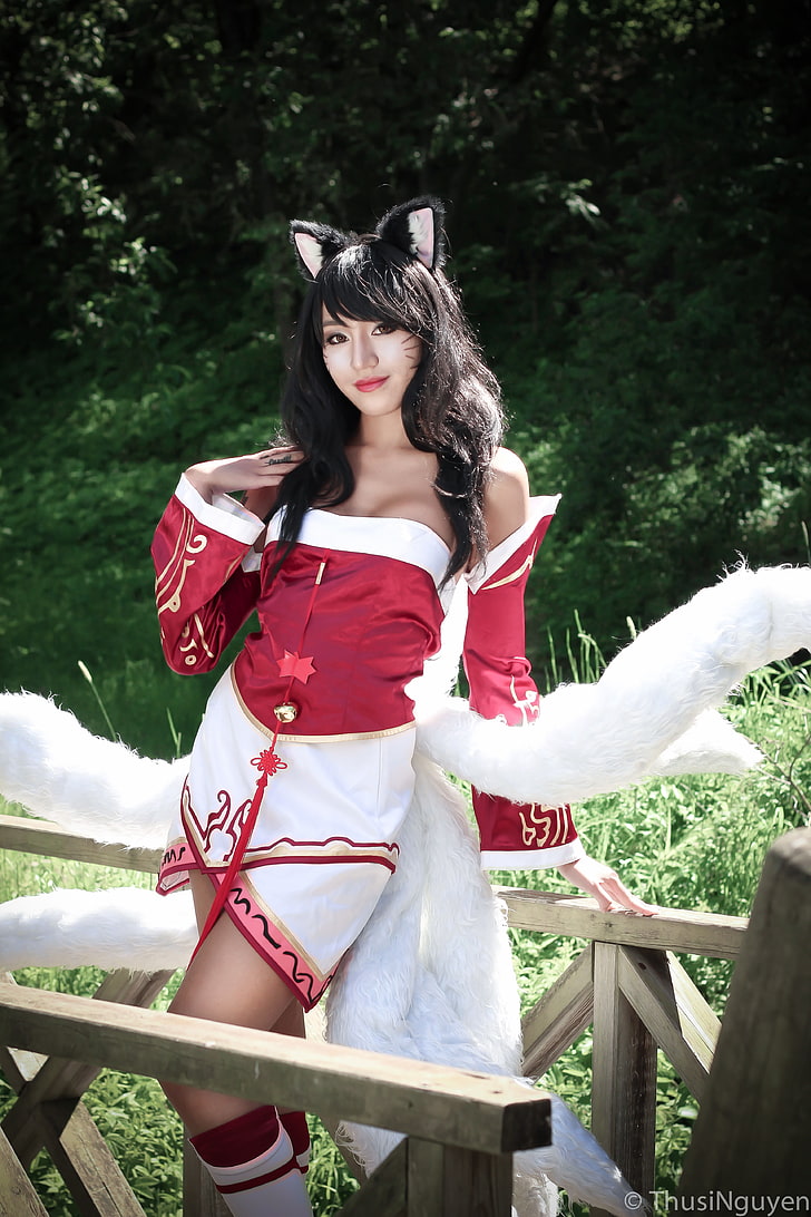 women's red and white fox spirit costume, League of Legends, Asian, HD wallpaper