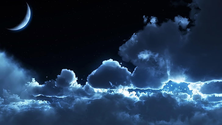 sky, half moon, cloud, fluffy, cumulus, night, darkness, moonlight, HD wallpaper