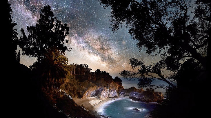 starry sky, bay, milky way, silhouette, big sur, california, HD wallpaper