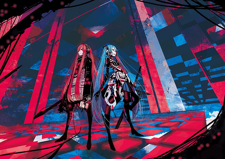 two girls anime character illustrations, Vocaloid, armor, guitar