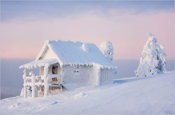 snow, winter, Finland, cabin, trees, mountains, HD wallpaper