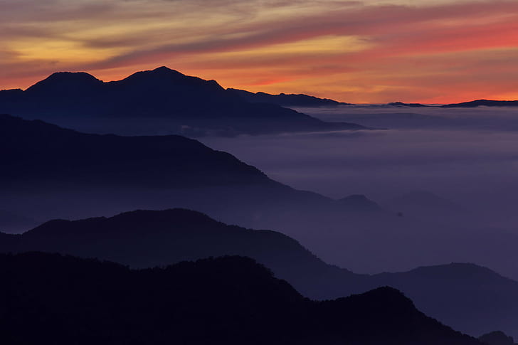 mountains with fog during golden hour, hehuanshan, hehuanshan
