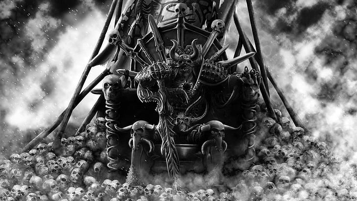 Khorne - Warhammer 40,000, skull and throne artwork, games, 1920x1080