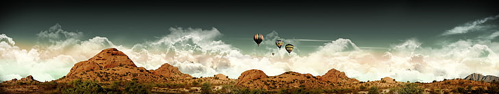 mountains, hot air balloons, panoramic, cloud - sky, scenics - nature, HD wallpaper