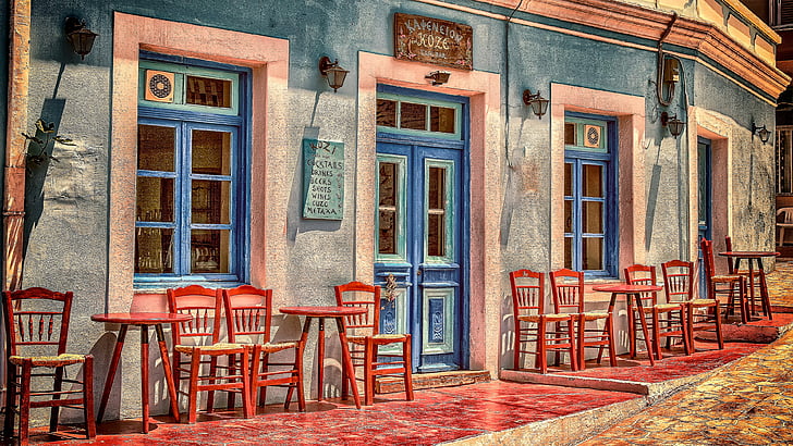 restaurant, cafe, town, window, seats, facade, house, door, HD wallpaper