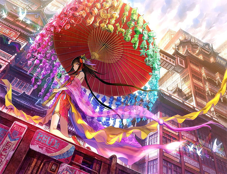 female anime character holding parasol digital wallpaper, Chinese dress, HD wallpaper