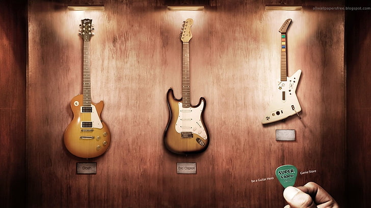 three assorted electric guitars, artwork, Guitar Hero, Slash, HD wallpaper