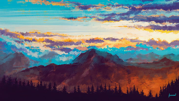 mountain and trees painting, artwork, Aenami, sky, cloud - sky