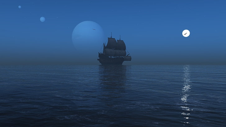 black boat, sailing ship, sea, reflection, mist, Moon, night