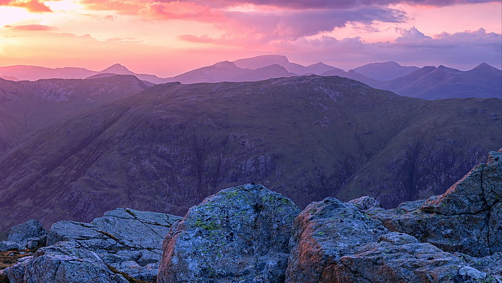 Scotland, mountains, sunset, sky, rocks, purple, scenics - nature, HD wallpaper
