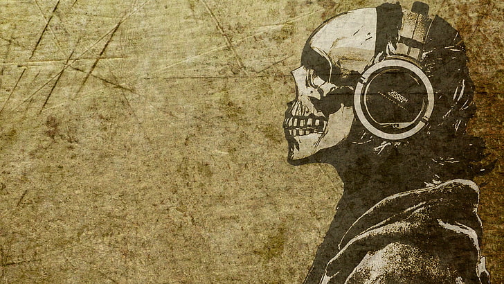 digital art, skull, headphones, skeleton, artwork, wall - building feature