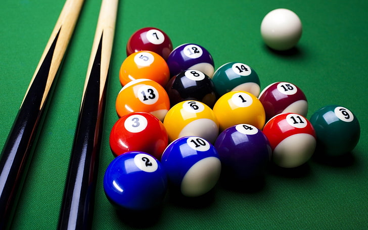 billiard balls, pool table, 8-ball, colorful, sport, pool ball, HD wallpaper