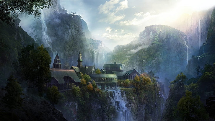 buildings near waterfall digital wallpaper, fantasy art, Rivendell