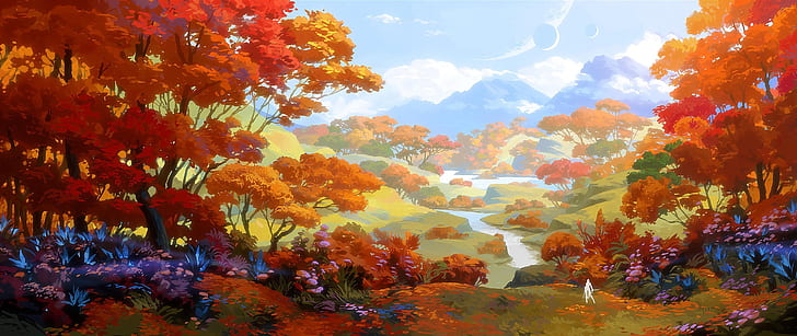 HD wallpaper: fantasy, forest, river, sky, trees, landscape, nature ...