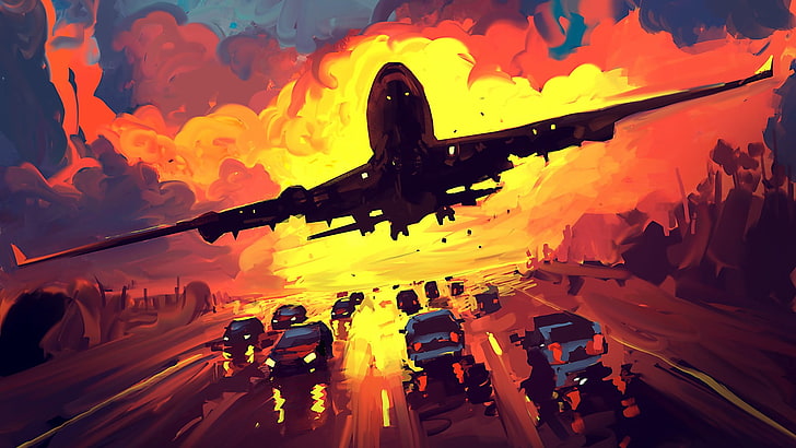cars and passenger plane painting, digital art, aircraft, sunset