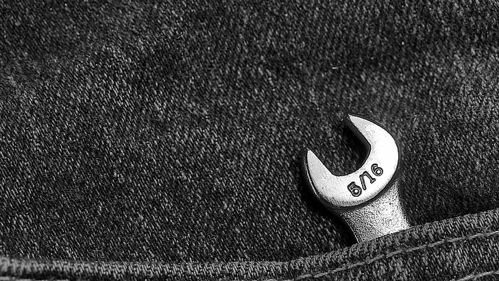 5/16 silver open wrench, monochrome, jeans, pocket, tools, metal