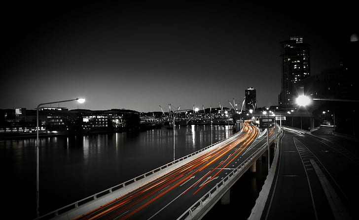 Brisbane, building, city, highway, Lights, Long Exposure, photography, HD wallpaper