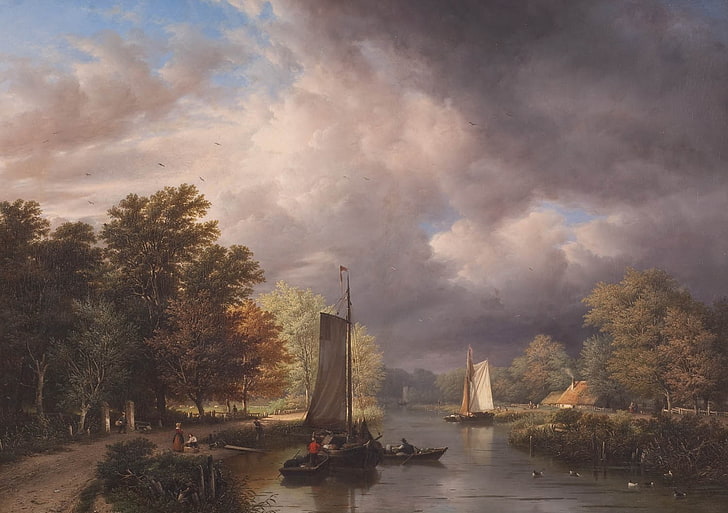 painting, river, classic art, boat, clouds, trees, water, sky