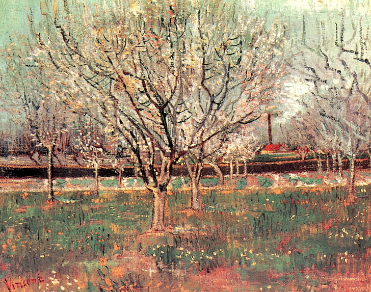 trees, flowers, Vincent van Gogh, Plum Trees, Orchard in Blossom, HD wallpaper