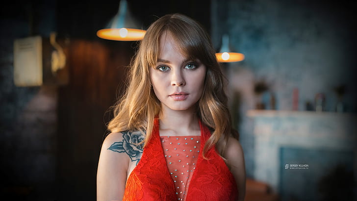 blonde, red dress, Anastasia Scheglova, tattoo, women, depth of field, HD wallpaper