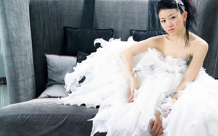 Asian, white dress, sitting, women, furniture, wedding dress, HD wallpaper