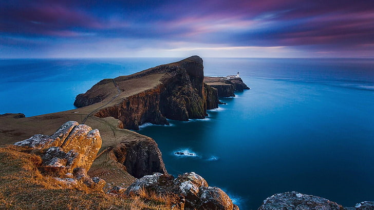 cape, blue sea, blue water, scotland, united kingdom, neist point lighthouse, HD wallpaper