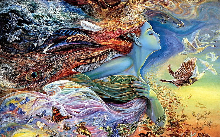 women, birds, butterfly, geese, dove, fantasy girl, artwork, HD wallpaper