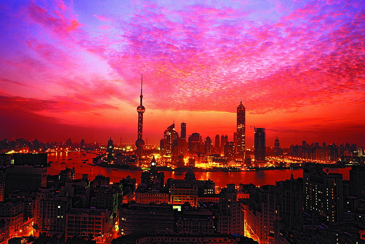 aerial view of city buildings, Shanghai, sunset, building exterior