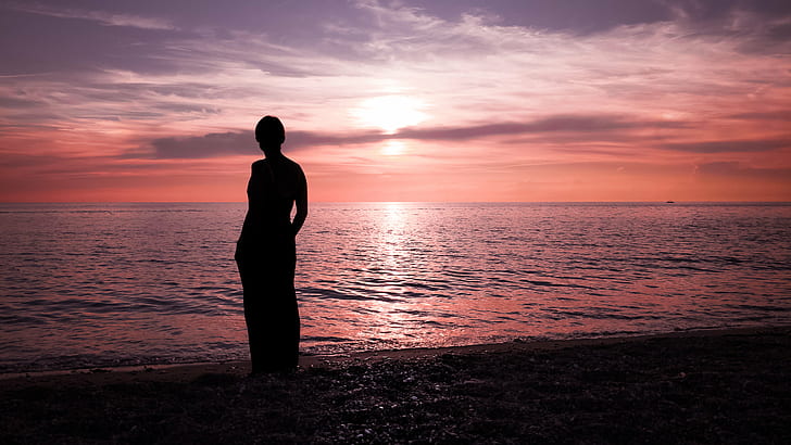 silhouette of woman in shirt watching seashore during golden hour, paola, italy, paola, italy, HD wallpaper