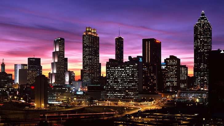 urban city skyline during golden hour, Atlanta, cityscape, city lights, HD wallpaper