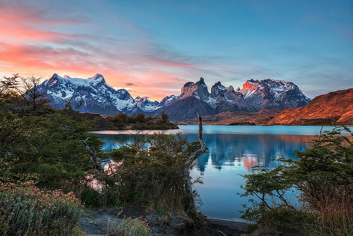 mountains, sunset, Torres del Paine, lake, nature, Chile, snowy peak