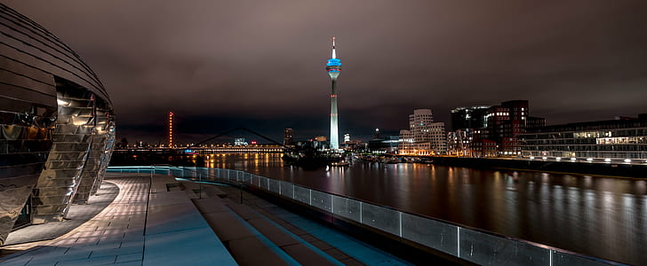 lighted sky scraper during nighttime, germany, germany, Düsseldorf, HD wallpaper