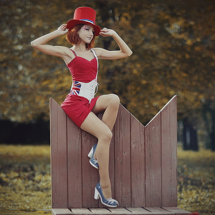 women's red and white cami top, readhead, red dress, funny hats, HD wallpaper