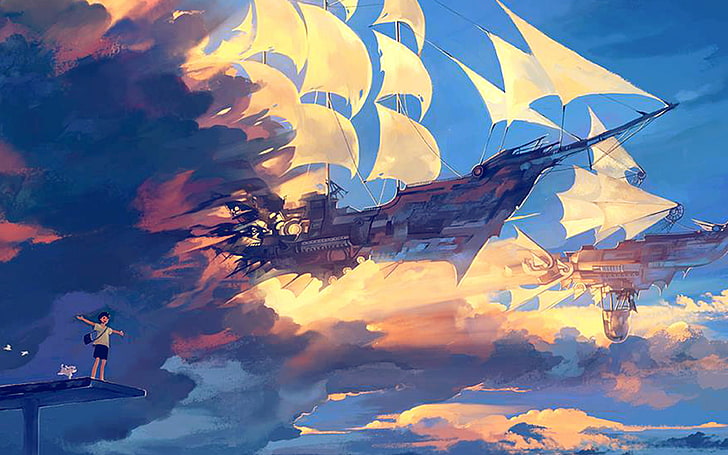 fly, ship, anime, illustration, art, blue, nature, cloud - sky, HD wallpaper